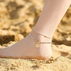 14K Gold Filled Figaro Chain Letter Initial Anklet